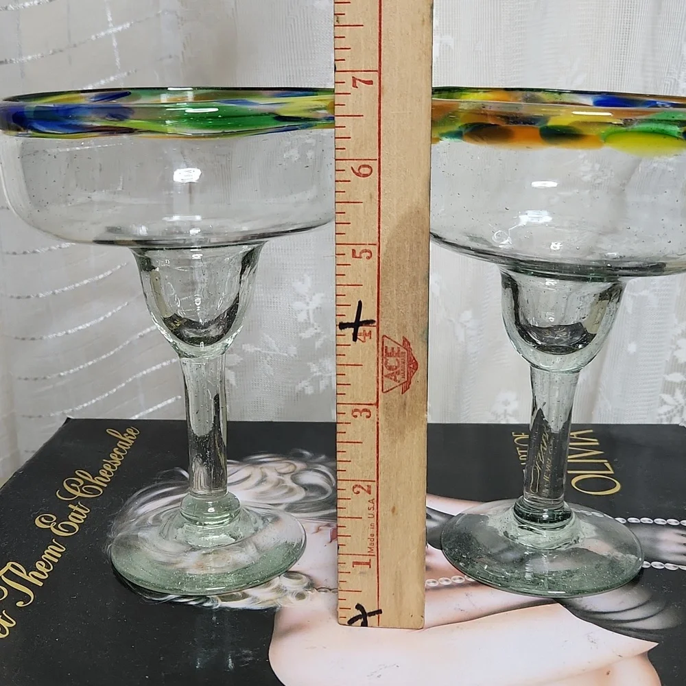Matching Mexican Textured Confetti Hand Blown Recycled Glass Margarita Glasses